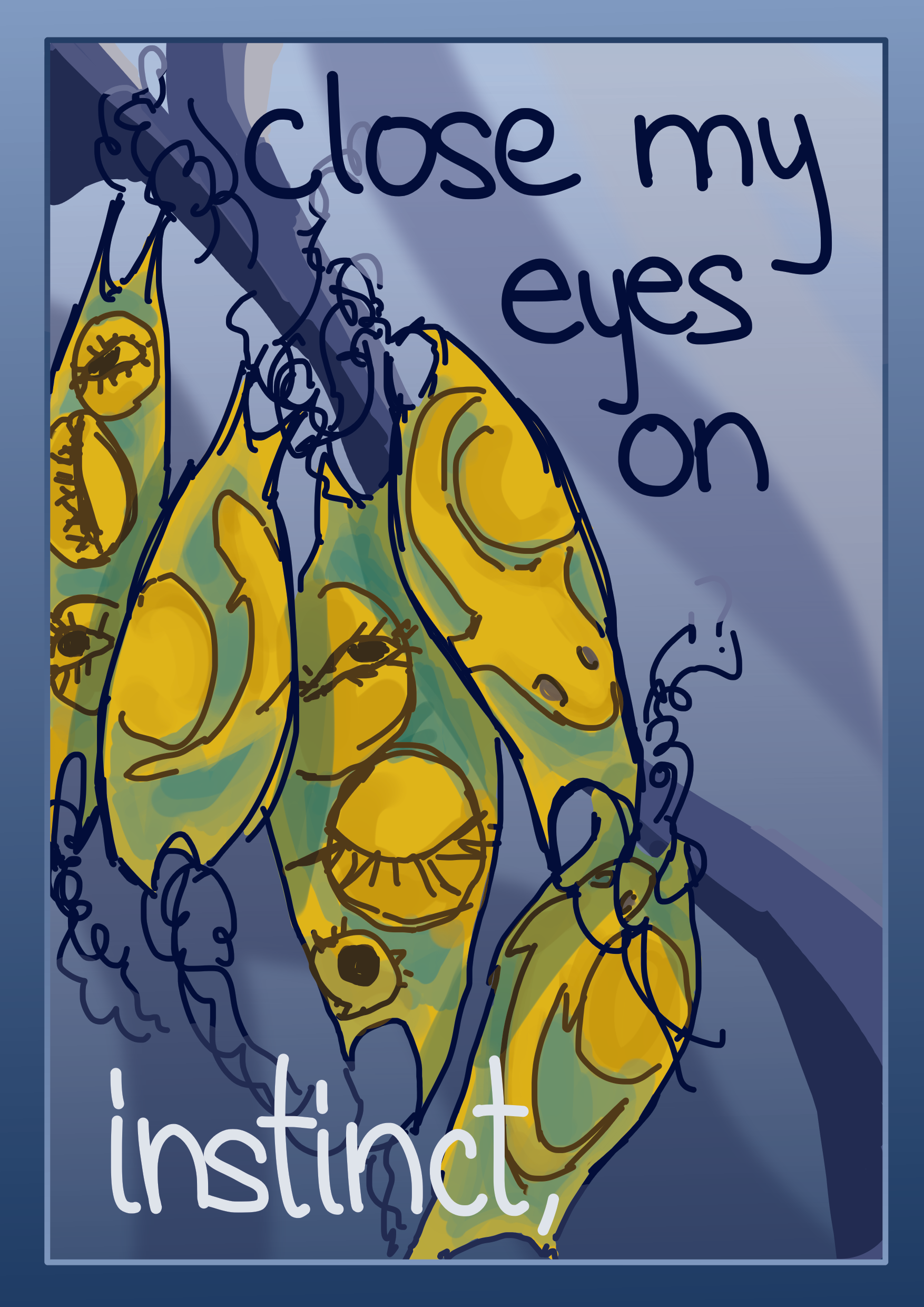 Page four: Underwater scene of five yellow shark eggs hanging on a strand of sea grass in the blue water. One may distinguish the little embryos already. Two of the eggs are different: They show eyeballs with lids in various stages of openness. Text reads: close my eyes on instinct.