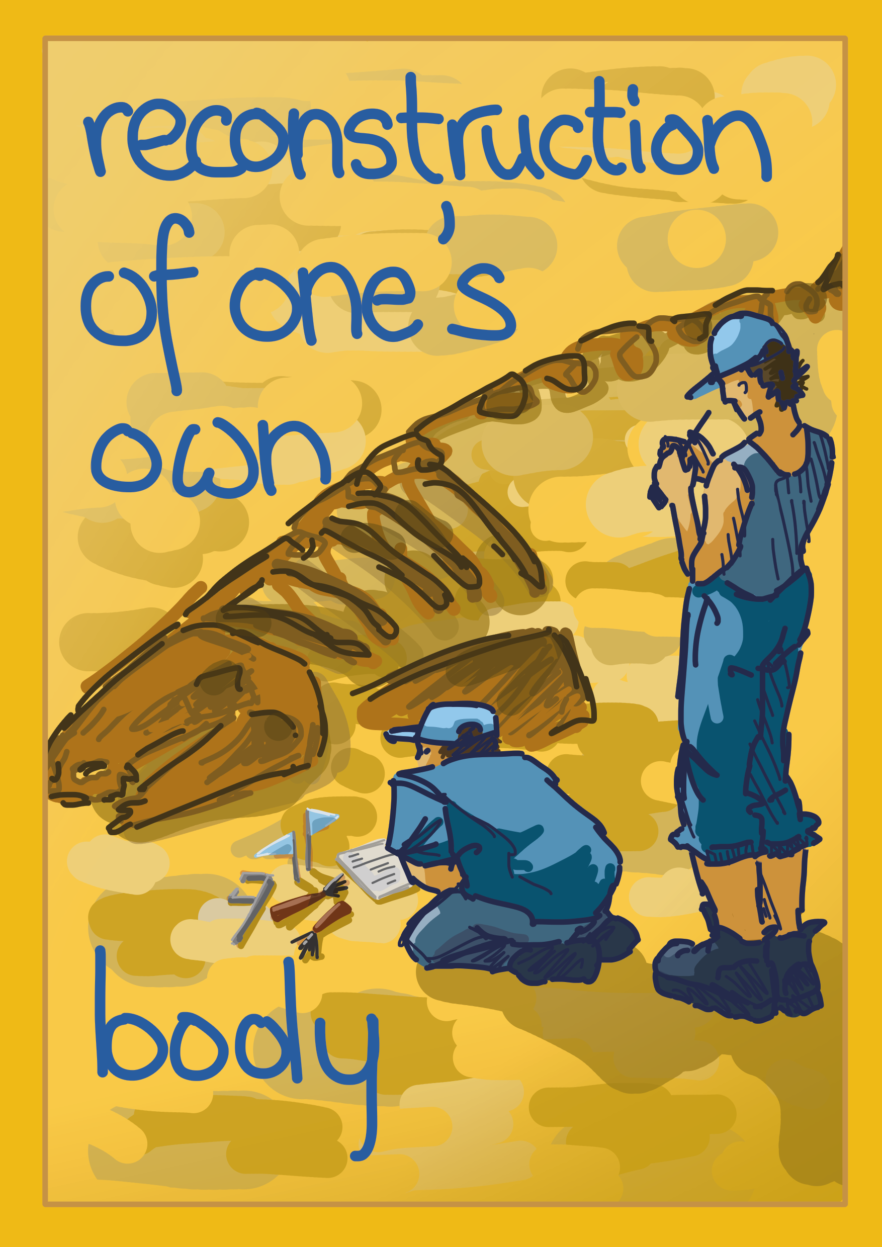 Page eight: An archeological digging site. Two people, one kneeling in front of their equipment, one standing with a walkie-talkie, ogle the bones of a sixgill bluntnose shark laying in the yellow sand. Text reads: reconstruction of one's own body.